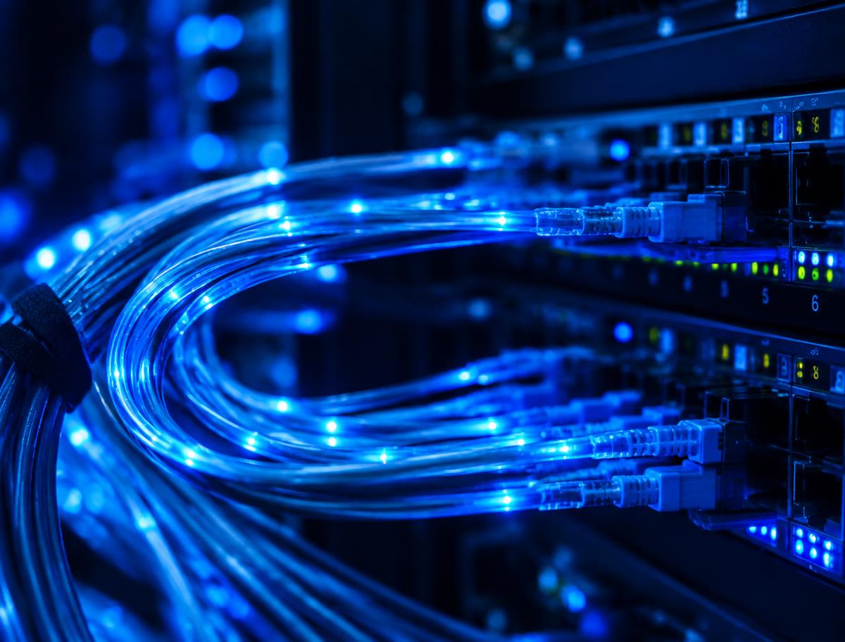 Fibre optic cables connected to network equipment