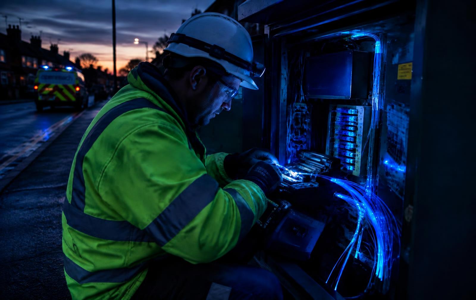Roselink engineer splicing fibre optic cables in a street cabinet